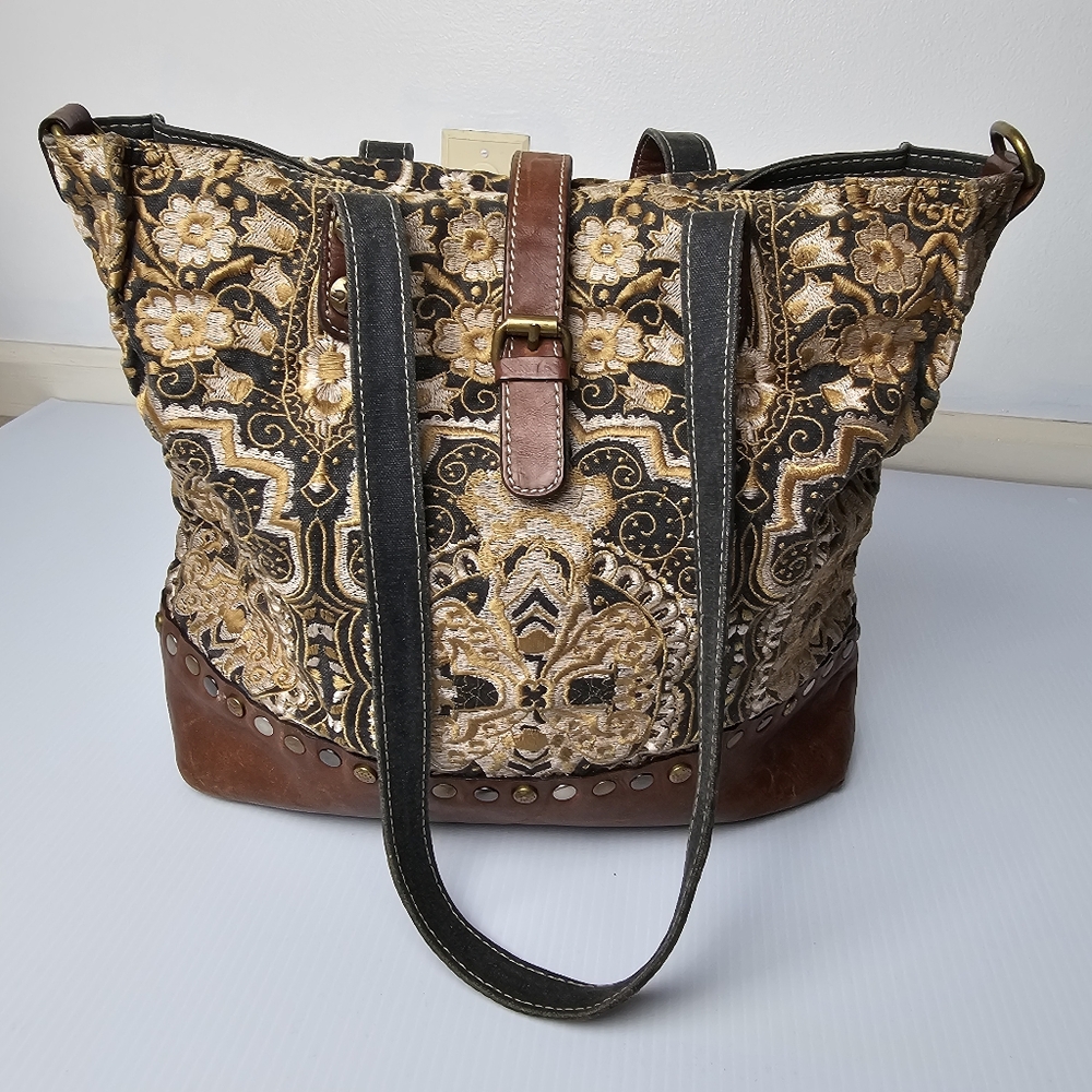 Patricia Nash Leather Blend Floral Studded Embroidered Shoulder Tote Bag